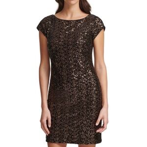 🪩Eliza J Gold Sequin & Black Velvet Cap Sleeve Short Cocktail Dress, Size 12🪩